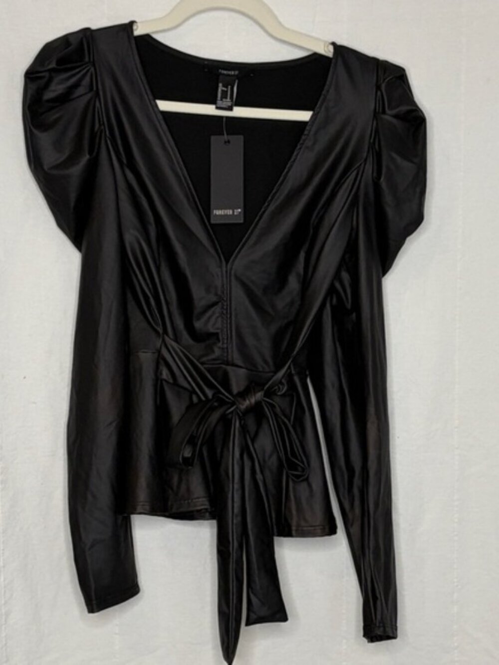 Forever 21 Black Liquid Skin Puff Sleeve Wrap Top with Tie